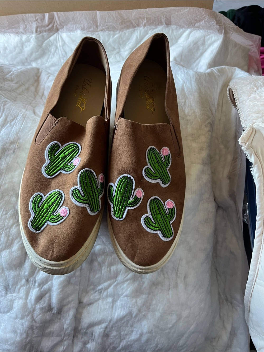 Ariat Brown Slip-On Sneakers with Green Cactus Patches and Pink Accents